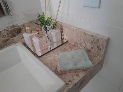 a bathroom sink with two bottles of soap and a rug at Pousada da Sol na Praia do Frances in Praia do Frances