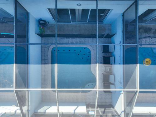 a swimming pool reflected in the glass of a building at Private Pool Disney Townhome - Walk to Water Park in Orlando