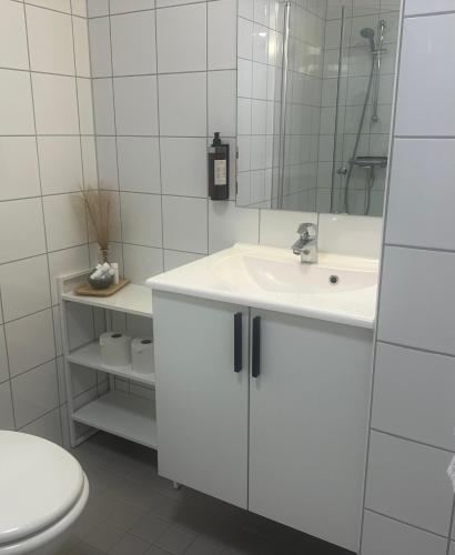 a white bathroom with a sink and a toilet at Selvbetjent leilighetshotell på Ålgård in Ålgård