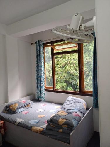 een kleine slaapkamer met een bed en een raam bij Jun Homestay in Kalimpong