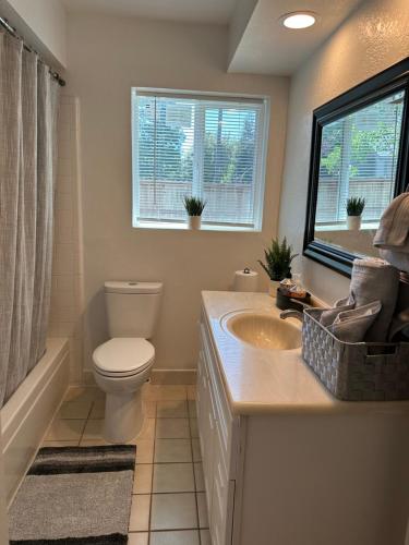 a bathroom with a sink and a toilet and a window at Cozy suite B in Sacramento