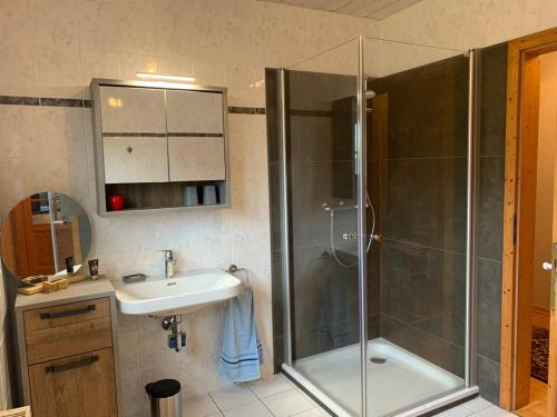 a bathroom with a shower and a sink at Mein Sauerland in Medebach