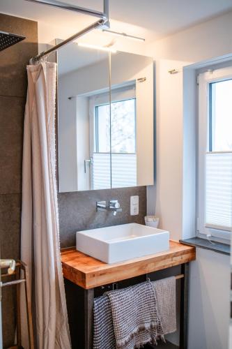 a bathroom with a sink and a mirror at HeartArt in Bad Münstereifel