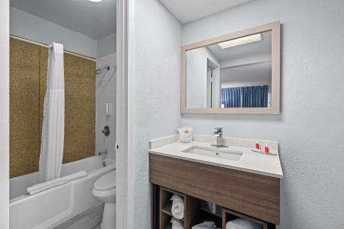 a bathroom with a sink and a toilet and a mirror at Econo Lodge Daytona Beach - Speedway in Daytona Beach