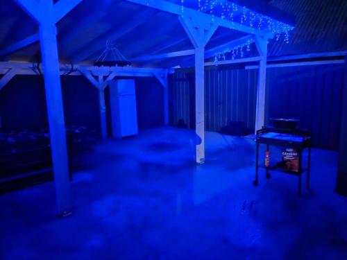 una stanza blu con un tavolo al centro di Casa Valy a Buşag