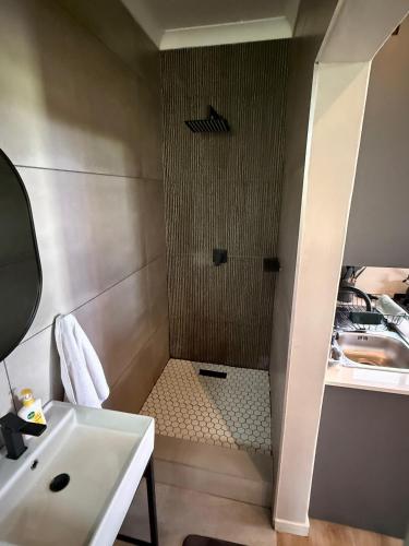 a bathroom with a shower with a sink at Spasie 30 Harties in Hartbeespoort