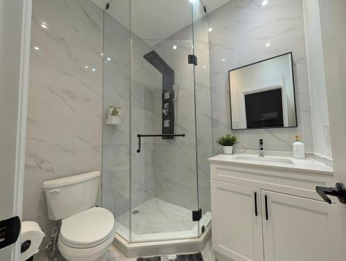 a bathroom with a shower and a toilet and a sink at Luxury 1BR plus den walkout basement in Toronto