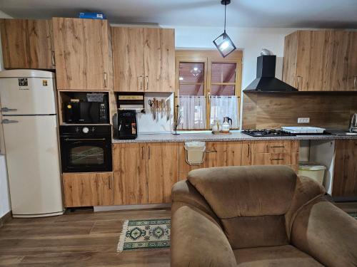 een keuken met houten kasten en een witte koelkast bij Casa din fagi in Munună
