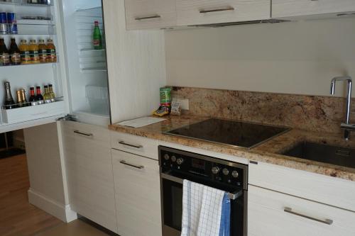 a kitchen with a sink and a stove top oven at Wooden Villa APARTMENTS in Jūrmala