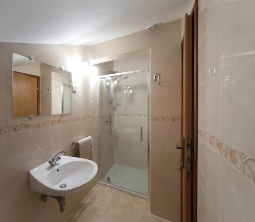 a bathroom with a sink and a shower at Janezinovi House in Ratečevo Brdo