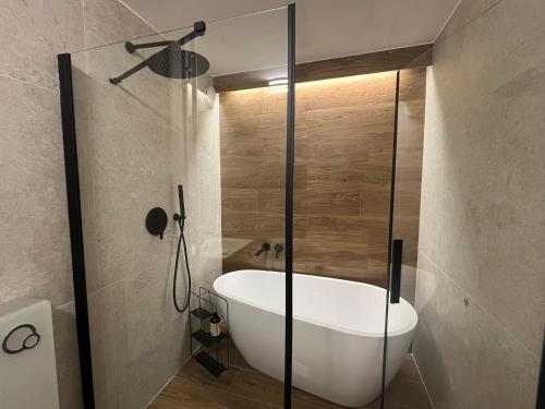 een badkamer met een bad en een douche bij Mountain Loft - DuLac 33 in St. Moritz