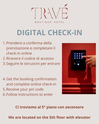 a flyer for a digital checkin device with a hand pointing at Boutique Hotel Travé Rome City Centre in Rome