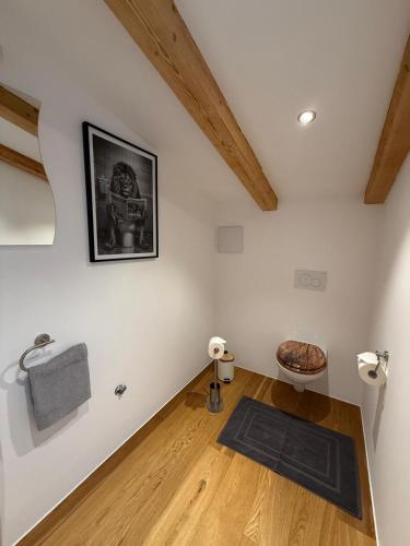 a room with a toilet and a rug on the floor at Panorama Quartier Seefeld in Seefeld in Tirol