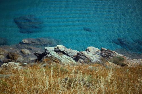 a large body of water with rocks and grass at Irene Studios in ayios Petros