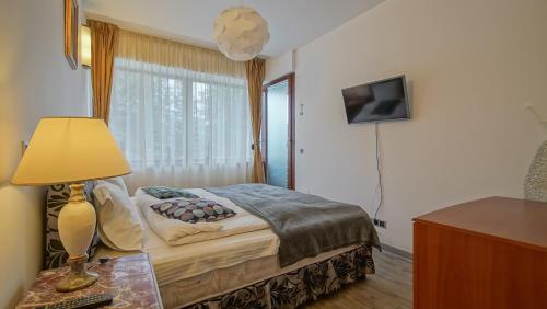 a bedroom with a bed with a lamp and a window at Chambres Mountain in Poiana Brasov
