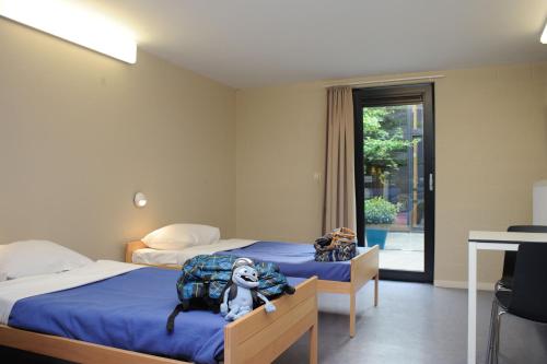 - une chambre avec 2 lits avec une couverture pour chien dans l'établissement Hostel De Veurs, à Sint-Martens-Voeren