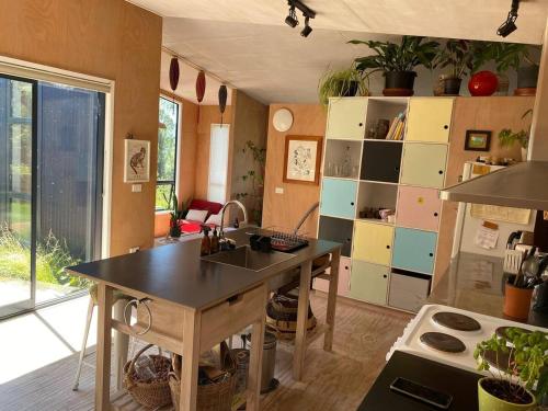 a kitchen with a sink and a table in it at The Little Blue Haus - Pet Friendly Eco Pad, Nelson, NZ in Nelson