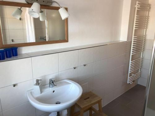 een badkamer met een witte wastafel en een spiegel bij Hirtenwohnung im Arbeiterhaus in Braunsberg