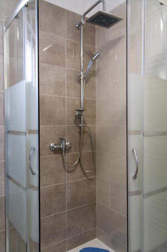 a shower stall with a glass door with a shower head at Modrika Apartments in Zablaće