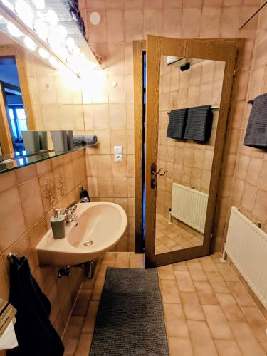 a bathroom with a sink and a shower with a mirror at Ferienwohnung Schösserhof in Reith bei Kitzbühel