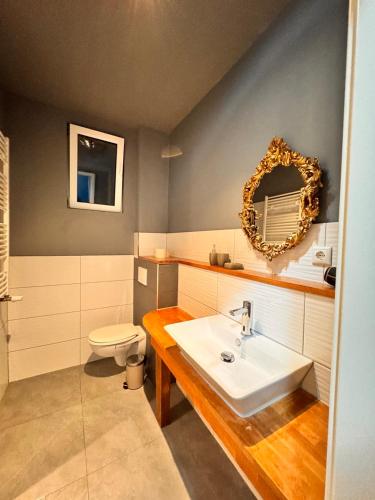 a bathroom with a sink and a toilet and a mirror at Hiddenhausen Premium Apartment mit Terrasse in Hiddenhausen