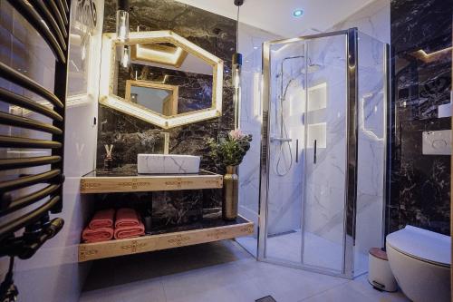 a bathroom with a shower and a toilet and a mirror at Krzeptówki House in Zakopane
