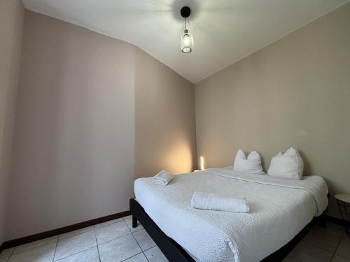 una camera da letto con un letto con lenzuola e cuscini bianchi di Résidence Cloche verte a Bourges