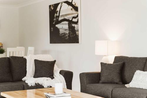 a living room with two couches and a coffee table at Seahaven - pet-friendly retreat near Hyams Beach in Hyams Beach