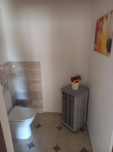 a bathroom with a toilet and a table with a plant on it at U rybníčku in Bzová
