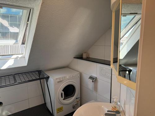 ein kleines Bad mit einer Waschmaschine und einer Waschmaschine in der Unterkunft GMA Apartment H26 in Mahlberg
