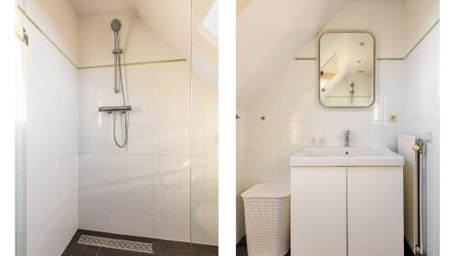 twee afbeeldingen van een badkamer met een douche en een wastafel bij De Lepelaer in Schoorl
