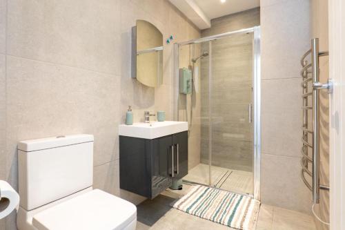 ein Badezimmer mit Toilette, Waschbecken und Dusche in der Unterkunft Nr 8 - Modern 2 Bed Flat - WiFi - Town Centre - Parking in Bedford