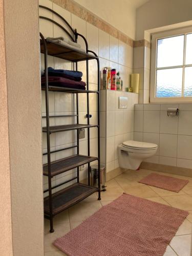 a bathroom with a toilet and a shelf with towels at Sissy Appartment in Kössen