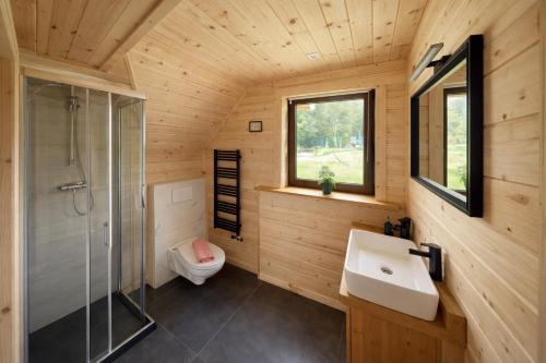 un bagno con doccia, lavandino e WC di Góralska Chatka jacuzzi i sauna a Kościelisko