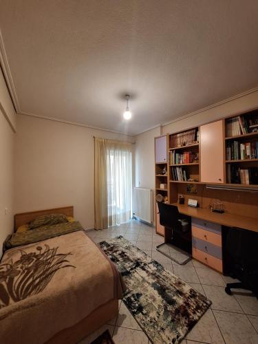 een slaapkamer met een bed, een bureau en boekenplanken bij 4youAPARTMENT in Tríkala