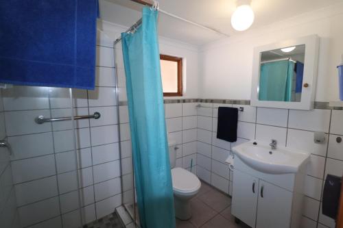 een badkamer met een blauw douchegordijn en een toilet bij Shalom House in Arniston