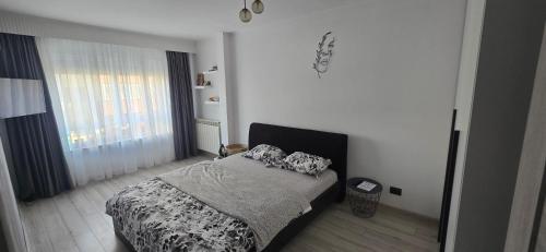 a bedroom with a bed with two pillows on it at ILONA APARTAMENT 3 camere in Râmnicu Vâlcea