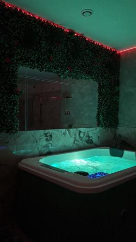 een badkamer met een groot bad gevuld met water bij Le Palais Du Khalif in Fabrègues