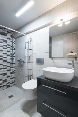 a bathroom with a sink and a toilet and a shower at Annita's Cozy Loft Volos in Volos