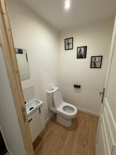 une salle de bain avec toilettes et lavabo avec des tableaux au mur dans l'établissement L Expérience Bressane 2, à Saint-Trivier-de-Courtes