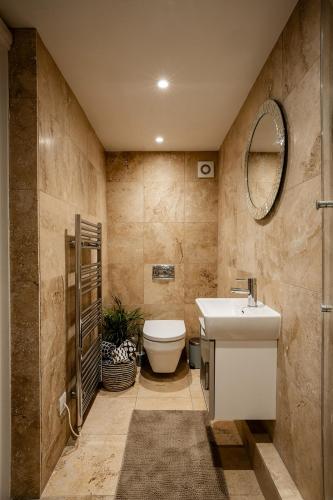 a bathroom with a toilet and a sink and a mirror at BATH Luxury Georgian Flat in Bath