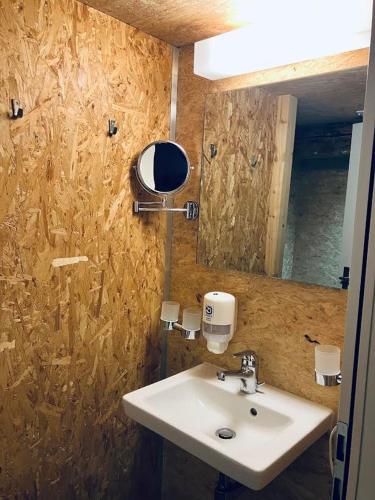 a bathroom with a sink and a mirror at Sust Lodge in Hospental