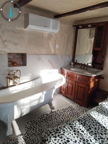 a bathroom with a tub and a sink and a mirror at ARIANA home in Turda