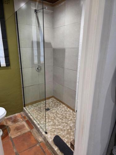 a shower with a glass door in a bathroom at Maggie Rose Cottage Self Catering in Greyton in Greyton