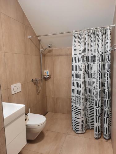 une salle de bain avec toilettes et rideau de douche dans l'établissement Terrasse des vignes, à Cressier