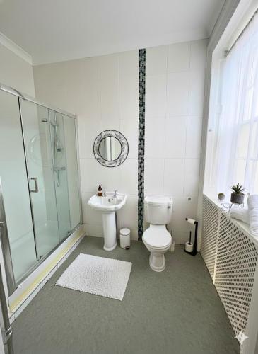 a bathroom with a toilet and a shower and a sink at Manor Park Country House in Swansea