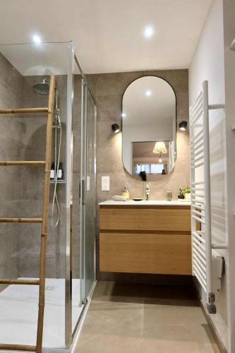 a bathroom with a shower and a sink and a mirror at Le joli jardin face à l'Abbaye in Pont-à-Mousson