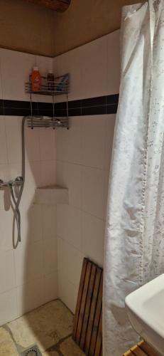 ein Badezimmer mit Duschvorhang und Waschbecken in der Unterkunft La Bastide des Muriers in Gargas