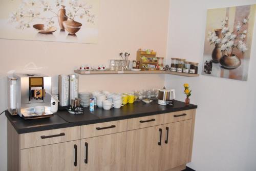 eine Küche mit einer Theke und einer Kaffeemaschine in der Unterkunft Erwachsenen Aparthotel DER WIESERHOF Wunderschöne Einzellage in Bad Füssing