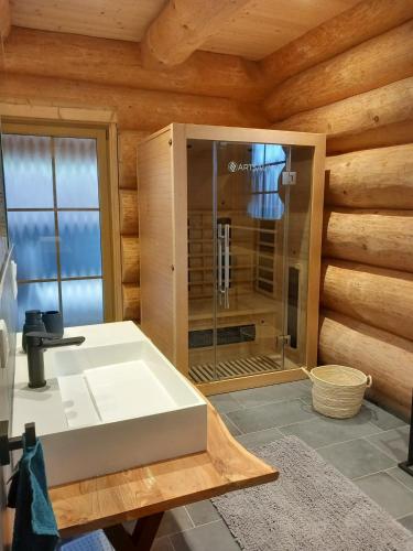 a bathroom with a shower in a room with wooden walls at Ferienhaus Waldruhe in Hellenthal